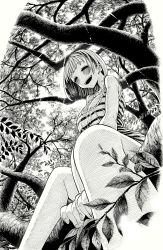Rule 34 | 1girl, bare legs, branch, breasts, closed eyes, dress, feet out of frame, greyscale, hatching (texture), highres, hirune (imomonono), in tree, large breasts, leaf, monochrome, no nose, open mouth, original, sitting, sleeveless, sleeveless dress, smile, solo, striped clothes, striped dress, tree