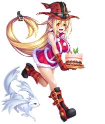 Rule 34 | 1girl, asahi, bare legs, bare shoulders, blonde hair, blush, breasts, cake, christmas, creature, curvy, dress, female focus, food, full body, happy, hat, highres, huge breasts, lilith-soft, long hair, looking at viewer, magical girl lilith, open mouth, orange eyes, running, shiny skin, simple background, smile, taimanin (series), taimanin asagi, taimanin rpgx, very long hair, white background