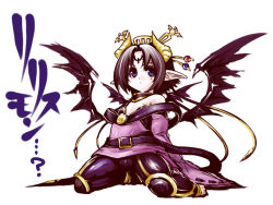 Rule 34 | 1girl, aged down, bandai, bat (symbol), bat wings, black hair, blue eyes, breasts, claws, cleavage, corset, demon girl, detached collar, detached sleeves, digimon, eyeshadow, facial mark, female focus, forehead mark, hair bun, hair ornament, horns, legs, lilithmon, lipstick, makeup, mole, multiple wings, pointy ears, seven great demon lords, shawl, simple background, single hair bun, solo, tattoo, white background, wings