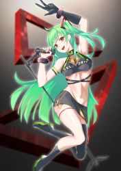 Rule 34 | 1girl, absurdres, black footwear, black gloves, black skirt, boots, breasts, delutaya, gloves, green hair, hair behind ear, head tilt, highres, holding, holding microphone, indie virtual youtuber, leaning to the side, long hair, medium breasts, microphone, microphone stand, midriff, nail polish, navel, open mouth, red eyes, red nails, side ponytail, single glove, single thigh boot, skirt, smile, solo, thigh boots, thigh strap, thighhighs, uhen, v, virtual youtuber