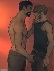Rule 34 | 2boys, against wall, beard, blush, body hair, bulge, cassidy (overwatch), crotch, facial hair, groping, highres, male focus, multiple boys, overwatch, overwatch 1, reaper (overwatch), scar, topless male, undressing, yaoi, yuutayo
