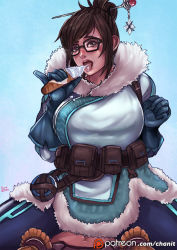 Rule 34 | 1girl, black-framed eyewear, blue background, blush, breasts, brown eyes, brown hair, clenched hand, coat, cowboy shot, eating, food, fur coat, fur trim, glasses, gloves, hair bun, hair ornament, hair stick, holding, ice cream, ice cream cone, kachima, large breasts, licking, looking at viewer, matching hair/eyes, mei (overwatch), open mouth, overwatch, overwatch 1, pants, patreon, patreon username, pinky out, purple background, short hair, single hair bun, soft serve, solo, spread legs, tongue, tongue out, watermark, web address