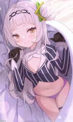 Rule 34 | 1girl, absurdres, artist name, black gloves, blanket, blunt bangs, blush, closed mouth, commentary, cropped shirt, english commentary, gloves, grey hair, hair bun, hair ornament, hayana neru, highres, hololive, long hair, long sleeves, looking at viewer, lying, murasaki shion, murasaki shion (1st costume), navel, on bed, on side, orange eyes, panties, pinstripe pattern, pinstripe shirt, pov across bed, purple panties, shirt, sidelocks, single side bun, smile, solo, stomach, striped clothes, striped shirt, thigh gap, thigh strap, underwear, vertical-striped clothes, vertical-striped shirt, virtual youtuber