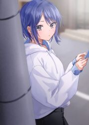 Rule 34 | 1girl, absurdres, akira (jitsuimo), black pants, blue hair, blurry, blurry background, blush, cellphone, chigusa minori, commentary request, highres, holding, holding phone, hood, hoodie, jitsu wa imouto deshita., long sleeves, looking at viewer, looking to the side, outdoors, pants, parted lips, phone, purple eyes, second-party source, short hair, smartphone, solo, utility pole, white hoodie