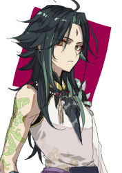 Rule 34 | 1boy, ahoge, arm tattoo, bare shoulders, bead necklace, beads, black hair, closed mouth, eyes visible through hair, facial mark, forehead mark, genshin impact, green hair, jewelry, long hair, looking at viewer, maka (morphine), male focus, multicolored hair, necklace, parted bangs, shoulder pads, shoulder spikes, simple background, sleeveless, solo, spikes, tassel, tattoo, white background, xiao (genshin impact), yellow eyes