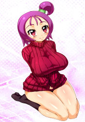 Rule 34 | 1girl, alternate breast size, blush, breasts, covered erect nipples, huge breasts, looking at viewer, looking up, naked sweater, ojamajo doremi, aged up, purple hair, red eyes, ribbed sweater, segawa onpu, sentarou, shirt, short hair, side ponytail, sitting, smile, socks, solo, sweater, taut clothes, taut shirt, thighs, wariza