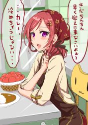 Rule 34 | 10s, 1girl, apple, apron, basket, blush, chair, clearite, curry, food, fruit, hair ornament, hair ribbon, twirling hair, hairclip, head scarf, highres, looking at viewer, love live!, love live! school idol festival, love live! school idol project, nishikino maki, open mouth, plate, purple eyes, red hair, ribbon, rice, short hair, sitting, smile, translated