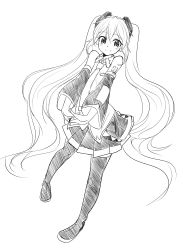Rule 34 | 1girl, absurdres, greyscale, hatsune miku, highres, kazenoko, long hair, looking at viewer, monochrome, simple background, sketch, smile, solo, very long hair, vocaloid, white background