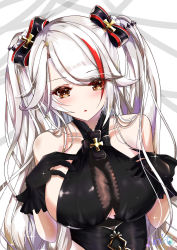 Rule 34 | 1girl, absurdres, antenna hair, azur lane, bare shoulders, black dress, black gloves, blush, bow, breasts, brown eyes, collarbone, commentary request, cross, dress, gloves, hands on own chest, highres, iron cross, large breasts, long hair, looking at viewer, mole, mole on breast, multicolored bow, multicolored hair, nako nya, open mouth, prinz eugen (azur lane), prinz eugen (cordial cornflower) (azur lane), red hair, simple background, streaked hair, swept bangs, two side up, white background, white hair
