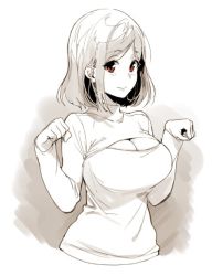 Rule 34 | 1girl, breasts, cleavage cutout, clothing cutout, large breasts, meme attire, monochrome, open-chest sweater, paw pose, red eyes, sasamori tomoe, short hair, solo, spot color, sweater, turtleneck, upper body