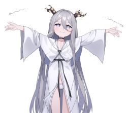 Rule 34 | 1girl, \||/, arrow (symbol), black choker, black ribbon, blush, choker, collarbone, controlline3, counter:side, dress, grey eyes, grey hair, hair between eyes, hair intakes, highres, horn flower, horn ornament, horns, long hair, long sleeves, looking at viewer, navel, outstretched arms, panties, partially unzipped, ribbon, shepherd (counter:side), simple background, smile, solo, spread arms, standing, straight hair, underwear, variant set, very long hair, white background, white dress, white panties