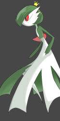 Rule 34 | 1girl, bob cut, colored skin, creatures (company), crown, female focus, flat chest, from side, full body, game freak, gardevoir, gen 3 pokemon, green hair, green skin, grey background, highres, legs together, mini crown, multicolored skin, nintendo, pokemon, pokemon (creature), profile, rve, short hair, simple background, solo, standing, two-tone skin, white skin, yellow headwear