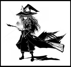 Rule 34 | 1girl, acryl, border, bow, braid, broom, buttons, female focus, frills, full body, greyscale, hat, hat bow, highres, kirisame marisa, long hair, mini-hakkero, monochrome, shadow, simple background, solo, touhou, witch, witch hat