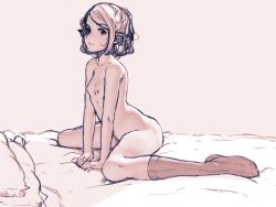 Rule 34 | 1girl, arm support, bed, between legs, breasts, cushion, diathorn, elf, female focus, full body, hand between legs, kneehighs, looking at viewer, looking to the side, navel, nude, pointy ears, short hair, sitting, small breasts, socks, solo, wariza