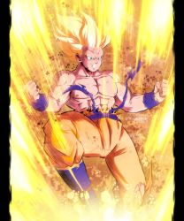 Rule 34 | 1boy, abs, absurdres, aqua eyes, artist name, aura, blonde hair, blue footwear, boots, clenched hands, clenched teeth, commentary, debris, dragon ball, dragonball z, feet out of frame, highres, large pectorals, male focus, muscular, muscular male, nipples, orange pants, pants, pectorals, phil vzq, sash, topless male, solo, son goku, spiked hair, super saiyan, teeth, torn clothes, torn pants, wristband