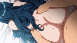 Rule 34 | 1boy, 1girl, ahegao, aiue oka, animated, animated gif, ass, back, bed, bed sheet, blue hair, cum, cum in pussy, half-closed eyes, hand on another&#039;s hip, huge ass, long hair, mind control, nozaki yu, on bed, open mouth, pubic hair, red eyes, saimin seishidou, sex, sheet grab, tongue, tongue out, vaginal