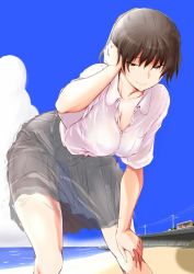 Rule 34 | 1girl, amagami, beach, blue sky, breasts, cleavage, closed mouth, cloud, cloudy sky, commentary request, day, dress shirt, grey skirt, half-closed eyes, hand on own head, hand on own knee, large breasts, leaning forward, looking at viewer, miniskirt, ocean, outdoors, partially unbuttoned, pleated skirt, sasaki akira (ugc), school uniform, see-through, shirt, short hair, short ponytail, short sleeves, skirt, sky, smile, solo, standing, tsukahara hibiki