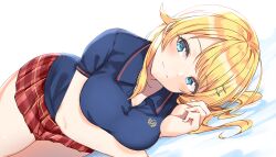 Rule 34 | 1girl, arm under breasts, blonde hair, blue eyes, blue shirt, breasts, closed mouth, collared shirt, hachimiya meguru, hair ornament, hairclip, hand up, highres, idolmaster, idolmaster shiny colors, large breasts, long hair, looking at viewer, lying, miniskirt, on side, pleated skirt, red skirt, shiitake taishi, shirt, short sleeves, simple background, skirt, solo, white background