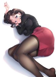Rule 34 | 1girl, arm up, artist name, ass, black pantyhose, black sweater, blue eyes, breasts, brown hair, dated, earrings, head rest, high-waist skirt, impossible clothes, impossible sweater, jewelry, knees together feet apart, large breasts, lips, looking at viewer, lying, mature female, muto (uadocjon 21), on side, original, pantyhose, pantylines, parted bangs, pearl earrings, pencil skirt, red skirt, ribbed sweater, shiny clothes, simple background, skirt, solo, sweater, white background