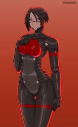 Rule 34 | 1girl, absurdres, android, arm at side, backlighting, black hair, black skin, blue eyes, breasts, colored skin, commentary, covered erect nipples, elster (signalis), english commentary, fugubarakun, gluteal fold, highres, joints, looking at viewer, medium breasts, metal skin, narrow waist, red background, robot, robot ears, robot joints, science fiction, short hair, signalis, solo, thigh gap, wide hips