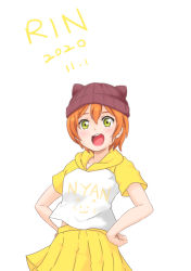 Rule 34 | 1girl, animal print, artist name, artist request, blush, breasts, brown headwear, cat print, collarbone, female focus, green eyes, hair between eyes, hands on own hips, highres, hoshizora rin, looking at viewer, love live!, love live! school idol project, orange hair, parted lips, shirt, short hair, skirt, small breasts, smile, solo, striped clothes, striped headwear, touyafuyuki, vertical-striped clothes, vertical-striped headwear, white background, white shirt, yellow eyes, yellow skirt