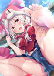 Rule 34 | 1girl, animal hood, bare shoulders, blue shorts, blue sky, blush, breasts, cat hood, fate/grand order, fate (series), feet, hood, illyasviel von einzbern, illyasviel von einzbern (swimsuit archer), illyasviel von einzbern (swimsuit archer) (first ascension), legs, long hair, looking at viewer, low twintails, off shoulder, open mouth, panties, pantyshot, pink shirt, red eyes, red panties, sasorigatame, shirt, short shorts, shorts, sky, small breasts, smile, soles, solo, spread legs, toes, twintails, underwear, upshorts, white hair