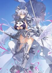 Rule 34 | 1girl, armor, armored boots, boots, breasts, cleavage, demon horns, demon wings, dual wielding, duel monster, gauntlets, grey hair, high heels, holding, holding sword, holding weapon, horns, lady labrynth of the silver castle, large breasts, long hair, lovely labrynth of the silver castle, low wings, multiple persona, open mouth, red cucumber, sideboob, standing, standing on one leg, sword, thighs, weapon, wings, yu-gi-oh!
