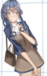 Rule 34 | 1girl, bad id, bad pixiv id, bag, blue hair, blue jacket, blush, breasts, closed mouth, dress, gotland (kancolle), jacket, kantai collection, long hair, looking at viewer, mole, mole under eye, pallad, short dress, simple background, small breasts, solo, white background