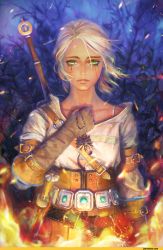 Rule 34 | 1girl, ciri, fire, gradient background, green eyes, highres, lips, looking at viewer, parted lips, realistic, scar, short hair, silver hair, solo, sword, the witcher (series), the witcher 3, upper body, weapon
