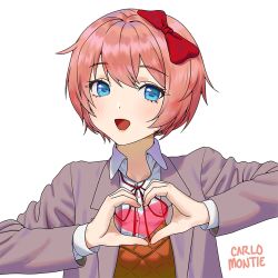 Rule 34 | 1girl, :d, artist name, blue eyes, blush, bow, carlo montie, doki doki literature club, grey jacket, hair bow, heart, heart hands, jacket, looking at viewer, open mouth, pink hair, red bow, red hair, red ribbon, ribbon, sayori (doki doki literature club), school uniform, short hair, simple background, smile, solo, white background