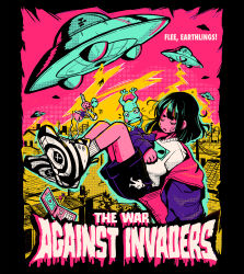 Rule 34 | 1girl, black hair, black shorts, cellphone, closed eyes, crisalys, english text, flying saucer, frog, heart, highres, jacket, key, charm (object), long sleeves, no nose, original, phone, purple jacket, shirt, short eyebrows, short hair, shorts, spacecraft, striped clothes, striped footwear, ufo, white shirt