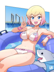 Rule 34 | 1girl, alternate costume, animification, bikini, blonde hair, blue eyes, blush, border, bowieknife, floating, gwenpool, highres, looking at viewer, lying, marvel, multicolored bikini, multicolored clothes, multicolored hair, on back, open mouth, pool, shark, solo, swimsuit, v, white border
