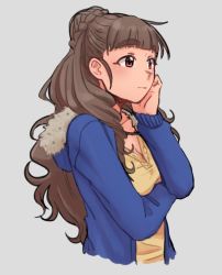 Rule 34 | 1girl, blue coat, blunt bangs, breasts, brown hair, closed mouth, coat, collarbone, hair bun, hand on own cheek, hand on own face, highres, idolmaster, idolmaster cinderella girls, ivlice, kamiya nao, long hair, long sleeves, looking afar, medium breasts, open clothes, open coat, red eyes, shirt, simple background, single hair bun, solo, standing, thick eyebrows, upper body, white background, yellow shirt