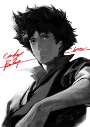 Rule 34 | 1boy, closed mouth, copyright name, cowboy bebop, highres, kotatsu (g-rough), looking at viewer, male focus, popped collar, shirt, signature, simple background, smile, solo, spike spiegel, upper body, white background