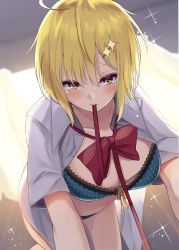 Rule 34 | 1girl, ahoge, blonde hair, blue bra, blue panties, blush, bow, bowtie, bra, breasts, cleavage, collarbone, collared shirt, dokyuu hentai hxeros, dress shirt, hair ornament, hairclip, highres, hoshino kirara, igayan, lace, lace-trimmed bra, lace trim, large breasts, looking at viewer, open clothes, open shirt, panties, red bow, red bowtie, shirt, short hair, short sleeves, solo, sparkle, thighs, underwear, white shirt, yellow eyes