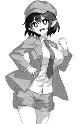 Rule 34 | 1girl, breasts, cabbie hat, coat, collared shirt, cowboy shot, greyscale, hat, large breasts, long sleeves, monochrome, necktie, onkn sxkn, open clothes, open coat, open mouth, pointy ears, shameimaru aya, shameimaru aya (newsboy), shirt, short hair, shorts, simple background, smile, solo, touhou, white background