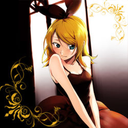 Rule 34 | 1girl, bad id, bad pixiv id, bare shoulders, blonde hair, blue eyes, blush, dress, formal, hirococo, kagamine rin, lowres, smile, solo, v arms, vocaloid