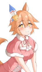 Rule 34 | 1girl, absurdres, animal ears, blush, capelet, closed mouth, commentary, dress, ear covers, fur-trimmed capelet, fur trim, highres, horse ears, horse girl, horse tail, leaning forward, looking at viewer, matikanefukukitaru (umamusume), orange hair, red capelet, red dress, short hair, shpy py py, simple background, single ear cover, smile, solo, standing, tail, umamusume, white background