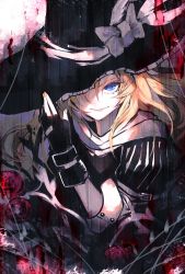 Rule 34 | 1girl, black gloves, black hat, blonde hair, blue eyes, bow, closed mouth, commentary request, fingerless gloves, gloves, hat, hat bow, kirisame marisa, lips, long hair, looking at viewer, puffy short sleeves, puffy sleeves, short sleeves, smile, solo, touhou, uni (bom19850101), upper body, white bow