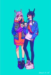 Rule 34 | 2girls, akroglam, black footwear, blue background, blue jacket, blue pants, commentary request, cup, dated, diamond-shaped pupils, diamond (shape), disposable cup, double bun, drinking straw, fanny pack, full body, good twins day, hair bun, hand in pocket, highres, holding, holding cup, hood, hood down, hoodie, jacket, lena (akroglam), long hair, long sleeves, looking at another, multiple girls, nina (akroglam), open mouth, orange hoodie, pants, platform footwear, purple eyes, shirt, shoes, siblings, simple background, sisters, smile, sneakers, standing, sunglasses, symbol-shaped pupils, twins, white footwear, white shirt