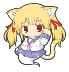 Rule 34 | 1girl, angel beats!, animal ears, bad id, bad pixiv id, blonde hair, blush stickers, cat ears, cat girl, cat tail, character request, chibi, closed mouth, commentary request, emil chronicle online, full body, ghost tail, hair ribbon, hand up, long hair, long sleeves, looking at viewer, pleated skirt, purple skirt, red eyes, red ribbon, ri-net, ribbon, school uniform, serafuku, shirt, sidelocks, simple background, skirt, solo, tail, twintails, white background, white shirt, yusa (angel beats!)