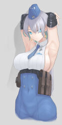 Rule 34 | 1girl, absurdres, armpits, arms behind head, arms up, backless outfit, backless shirt, bare shoulders, belt, belt pouch, black belt, blue eyes, blue hat, blue necktie, blue skirt, breasts, brid (nikke), bridal gauntlets, closed mouth, collared shirt, commentary, covered navel, cropped legs, dangle earrings, earrings, garrison cap, goddess of victory: nikke, green hair, grey background, grey hair, hair between eyes, hair over one eye, hat, high-waist skirt, highres, jewelry, large breasts, long hair, long skirt, looking at viewer, low-tied long hair, low ponytail, mole, mole on breast, multicolored hair, necktie, pouch, presenting armpit, shirt, sideboob, sideless shirt, sidelocks, simple background, skirt, sleeveless, solo, standing, striped necktie, two-tone hair, underbust, white shirt, yamotake