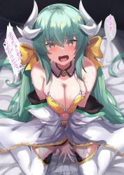 Rule 34 | 1girl, @ @, absurdres, bare shoulders, bikini, blush, bow, breasts, cleavage, detached collar, dragon girl, dragon horns, fate/grand order, fate (series), green hair, hair bow, highres, horns, japanese clothes, kazami chiu, kimono, kiyohime (fate), kiyohime (fate/grand order), kiyohime (swimsuit lancer) (fate), kiyohime (swimsuit lancer) (first ascension) (fate), long hair, long sleeves, looking at viewer, medium breasts, multiple horns, off shoulder, open mouth, sitting, solo, swimsuit, tearing up, thighhighs, wariza, wavy mouth, white kimono, white thighhighs, wide sleeves, yellow bikini, yellow bow, yellow eyes