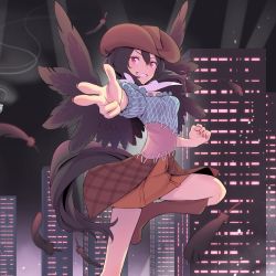 Rule 34 | 1girl, absurdres, black hair, black wings, blush, boots, breasts, brown footwear, brown hat, building, commentary request, cowboy hat, feathered wings, feathers, finger gun, grin, hat, highres, horse tail, kawayabug, kurokoma saki, looking at viewer, medium breasts, nail polish, pegasus wings, puffy short sleeves, puffy sleeves, red eyes, red nails, scarf, short sleeves, smile, solo, tail, touhou, touhou calamity, white scarf, wings