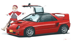 Rule 34 | 1girl, autozam az-1, blush, bow, bowtie, capelet, car, cardigan, cross-laced footwear, fur-trimmed capelet, fur trim, green eyes, grey cardigan, hair ornament, highres, indie virtual youtuber, light brown hair, long sleeves, looking at viewer, low twintails, motor vehicle, open mouth, outstretched arms, pantyhose, pleated skirt, pom pom (clothes), pom pom hair ornament, red bow, red bowtie, red capelet, red car, red headwear, red skirt, shigure ui (vtuber), short hair, short twintails, signature, simana, simple background, skirt, smile, solo, spread arms, twintails, vehicle focus, virtual youtuber, white background, white footwear