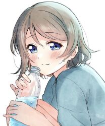 1girl blue_eyes blue_shirt blush bottle closed_mouth commentary_request grey_hair holding holding_bottle kiryu_(sora_no_iroto) looking_at_viewer love_live! love_live!_sunshine!! shirt short_hair sitting solo sweat swept_bangs upper_body watanabe_you water_bottle white_background