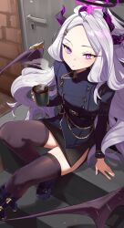 Rule 34 | 1girl, aiguillette, black skirt, black thighhighs, blue archive, halo, highres, hina (blue archive), long hair, long sleeves, military uniform, parted bangs, purple eyes, side slit, skirt, solo, thighhighs, uniform, very long hair, white hair, yun-yang