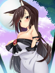Rule 34 | 1girl, animal ears, ase (nigesapo), bamboo, bamboo forest, bare shoulders, blush, breasts, brooch, brown hair, cleavage, collarbone, commentary, commentary request, crossed arms, dress, fingernails, forest, imaizumi kagerou, jewelry, large breasts, long fingernails, long hair, long sleeves, looking at viewer, looking down, moon, nail polish, nature, off-shoulder dress, off-shoulder shirt, off shoulder, outdoors, red eyes, red nails, shirt, solo, tail, touhou, wide sleeves, wolf ears, wolf tail