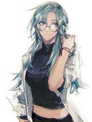 Rule 34 | 1girl, blue eyes, blue hair, bracelet, closed mouth, coat, eyes visible through hair, frown, glasses, haban (haban35), highres, jewelry, lab coat, long hair, midriff, original, red-framed eyewear, round eyewear, simple background, sketch, sleeves rolled up, solo, turtleneck, white background, white coat