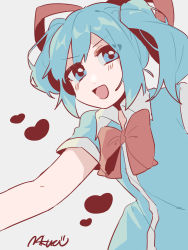 Rule 34 | 1girl, :d, artist name, blue eyes, blue hair, bow, collared dress, conchiel monyanizumu, dress, eyes visible through hair, hair ribbon, heart, highres, karaagetannpopo, looking at viewer, open mouth, red bow, red ribbon, ribbon, short sleeves, sideways glance, simple background, smile, solo, towelket wo mou ichido, twintails, v-shaped eyebrows, white background